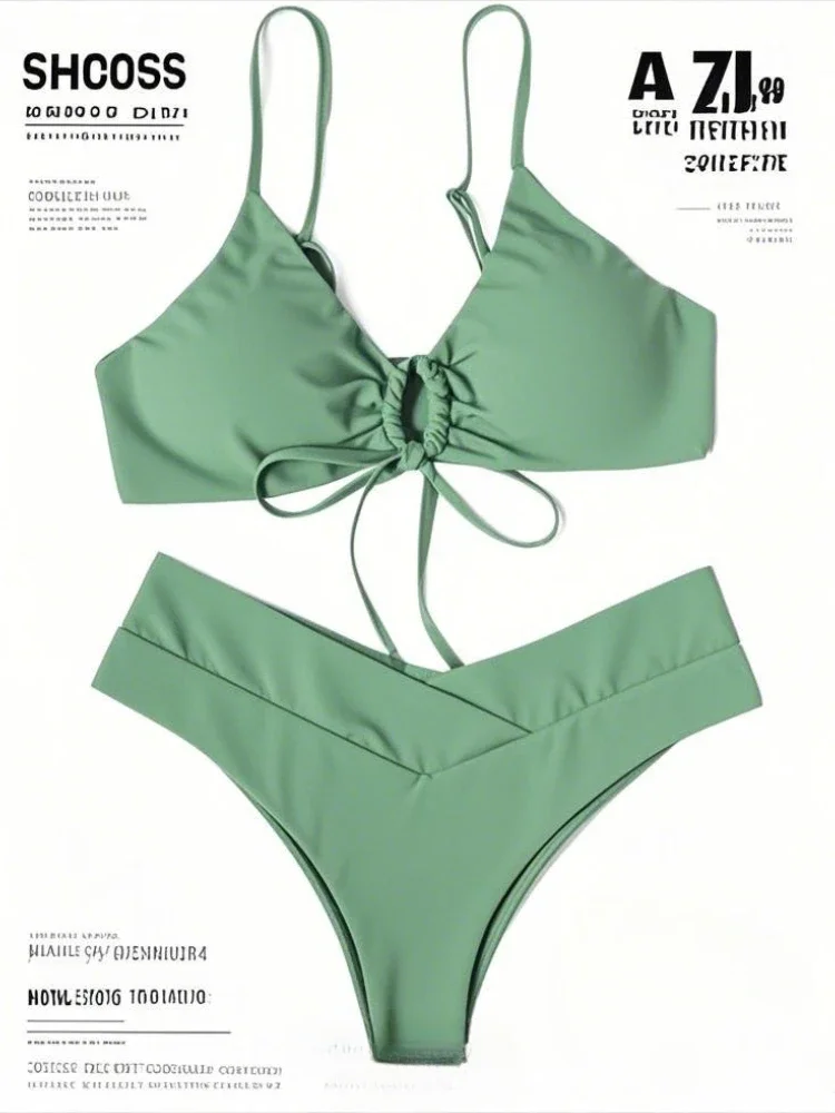 2025 New High Elastic Bikini Set Two-Piece Lace-Up Sexy Women Swimsuit Solid Color Beach Swimwear Summer Bathing Suit