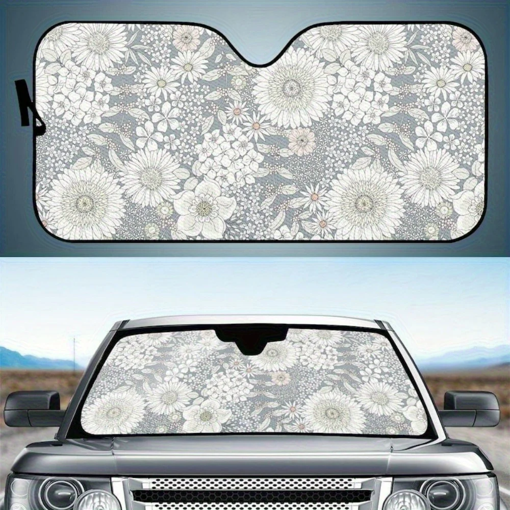 

Bohemian Floral Car Sunshade - A Charming Windshield Sun Visor Featuring Daisy And Leaf Patterns, Suitable For Suvs And Cars, St