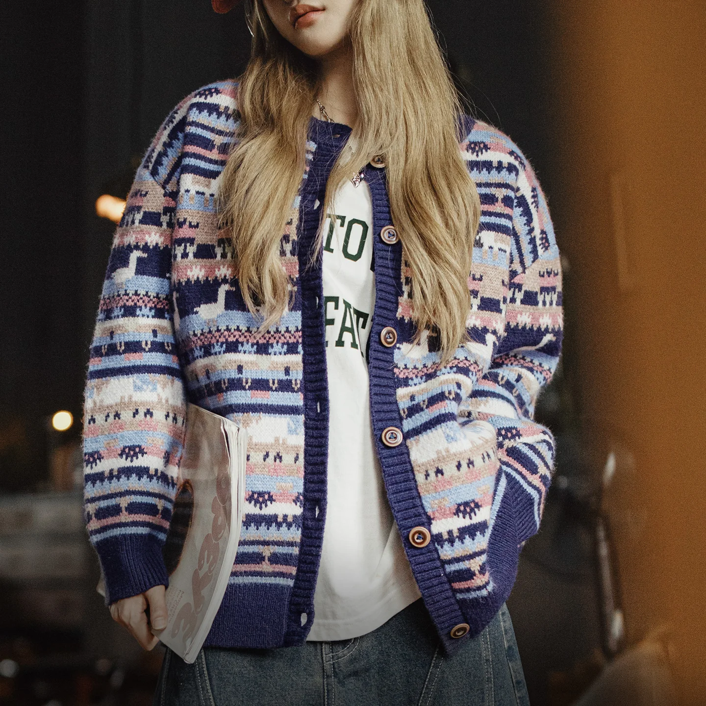Maden Fair Isle Knit Cardigan for Women Thick Warm Winter Sweater Coat Vintage Jacquard Pattern Loose Fit Knitwear