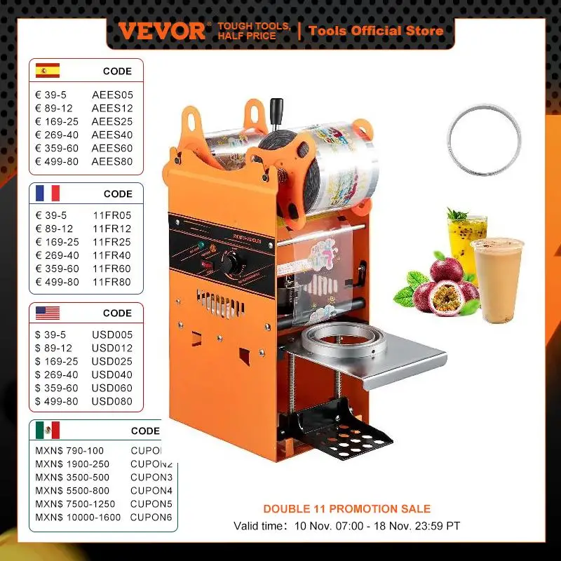 VEVOR Manual Cup Sealing Machine 300-500 Cups/Hour Accurate Control Panel Heavy Duty for 90/95 MM Diameter Drinks Cup Sealer