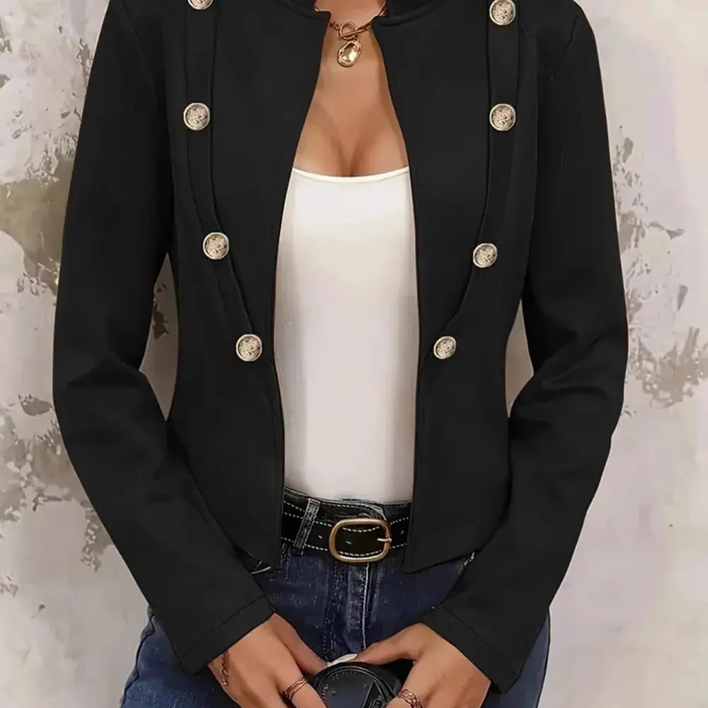 เสื้อแจ็คเก็ตผู้หญิงสไตล์เรโทร ตกแต่งกระดุม สีพื้น แฟชั่นใหม่สำหรับฤดูใบไม้ร่วงและฤดูหนาว