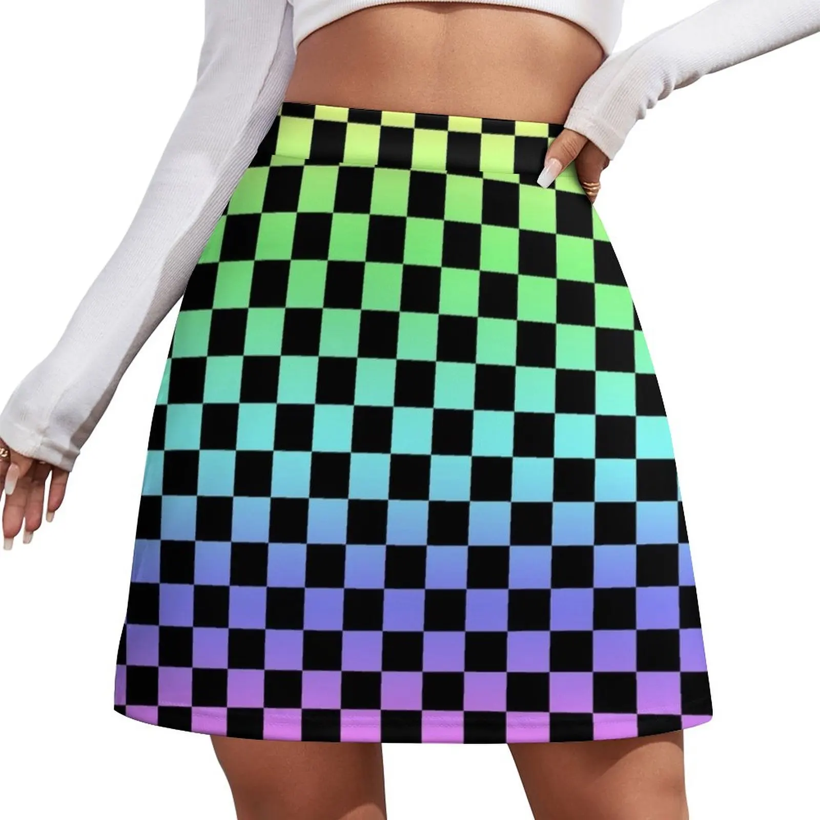 

Black Checkered Rainbow Ombre Pattern Mini Skirt elegant dresses for women Summer skirt School uniform Skirt satin Mini