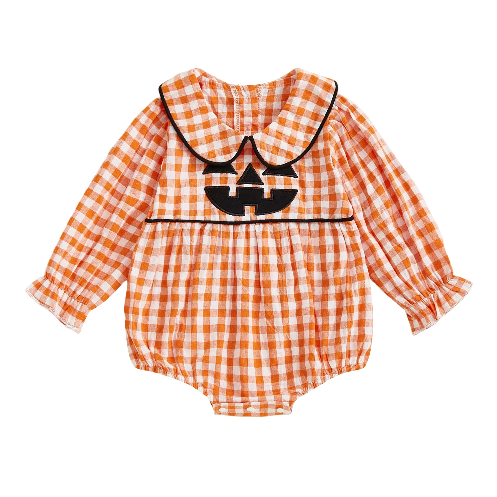 

Baby Girl Halloween Plaid Romper Pumpkin Face Long Sleeve Doll Collar Bubble Jumpsuit