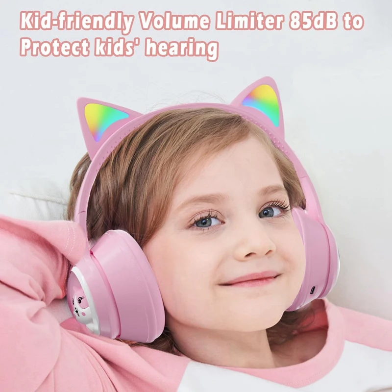 Cuffie wireless pieghevoli, cuffie over ear, cuffie da gioco Cat Ears per telefono con luce LED -D