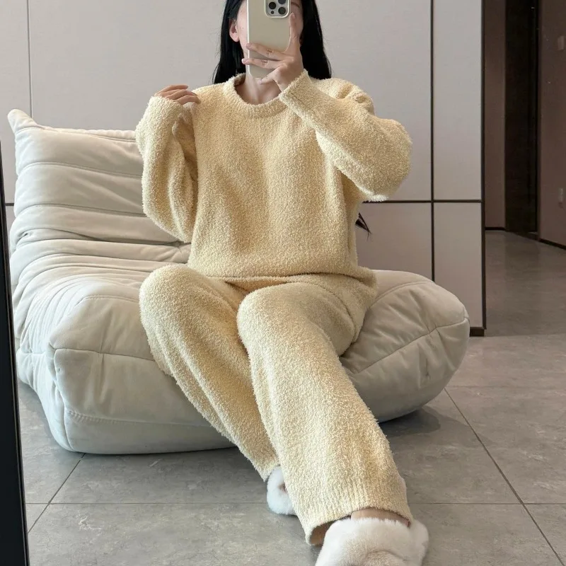 

Winter Fleece Women Pajamas Set Sleepwear Solid Velvet 2 Piece Pant Home Suit Fluffy Casual Warm Flannel Night Wear