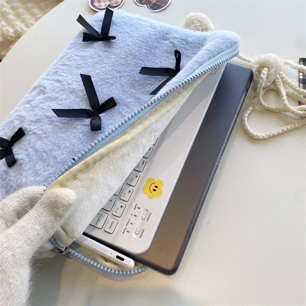 Plush Cute Sweet Uniform Bow Laptop Sleeve Bags 12 13.3 13.6 14 Inch Ipad Tablet Case Casual Zipper for Women Briefcase Bag