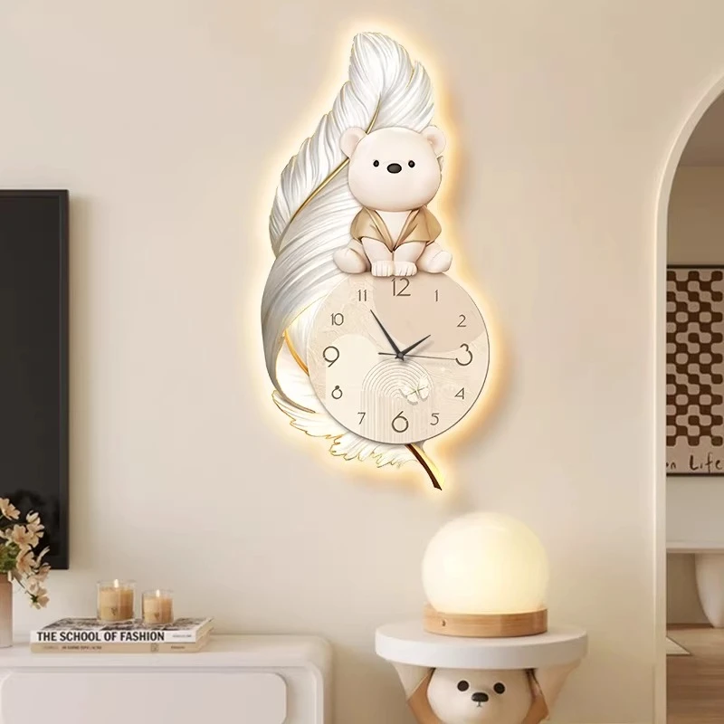 

Luxury Living Room Wall Clock Modern Design Cartoon Bear Restaurant Children Room LED Mute Clock Corridor Mural Lamp Room Decor