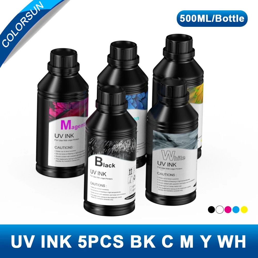 

Светодиодные УФ-чернила Colorsun 5*500 мл для Epson R1390 L1800 L805 DX3 DX4 DX6 DX7 DX5, печатающая головка, УФ-принтер для телефона, металлический акрил