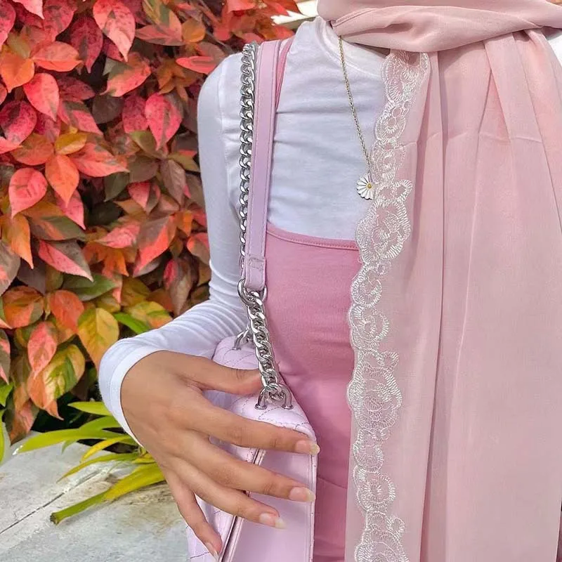 Chiffon istantaneo Hijab scialle pianura pizzo floreale catena bolla signora fascia avvolgente di alta qualità stole cofano musulmano Sjaals