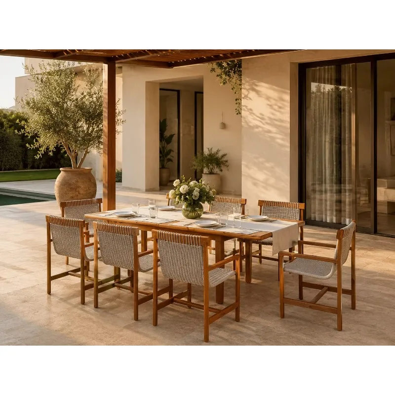 Dining Set with Teak Table and Handwoven Rope Chairs for Resort Villa Patio Projects