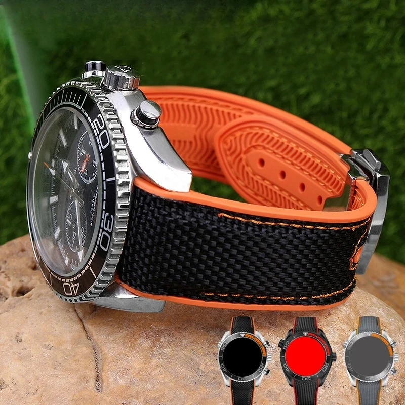 

Нейлоновый резиновый ремешок для часов подходит для Omega Seamaster 300 Planet Ocean 600, черный холст, оранжевый силиконовый ремешок 20 мм 22 мм