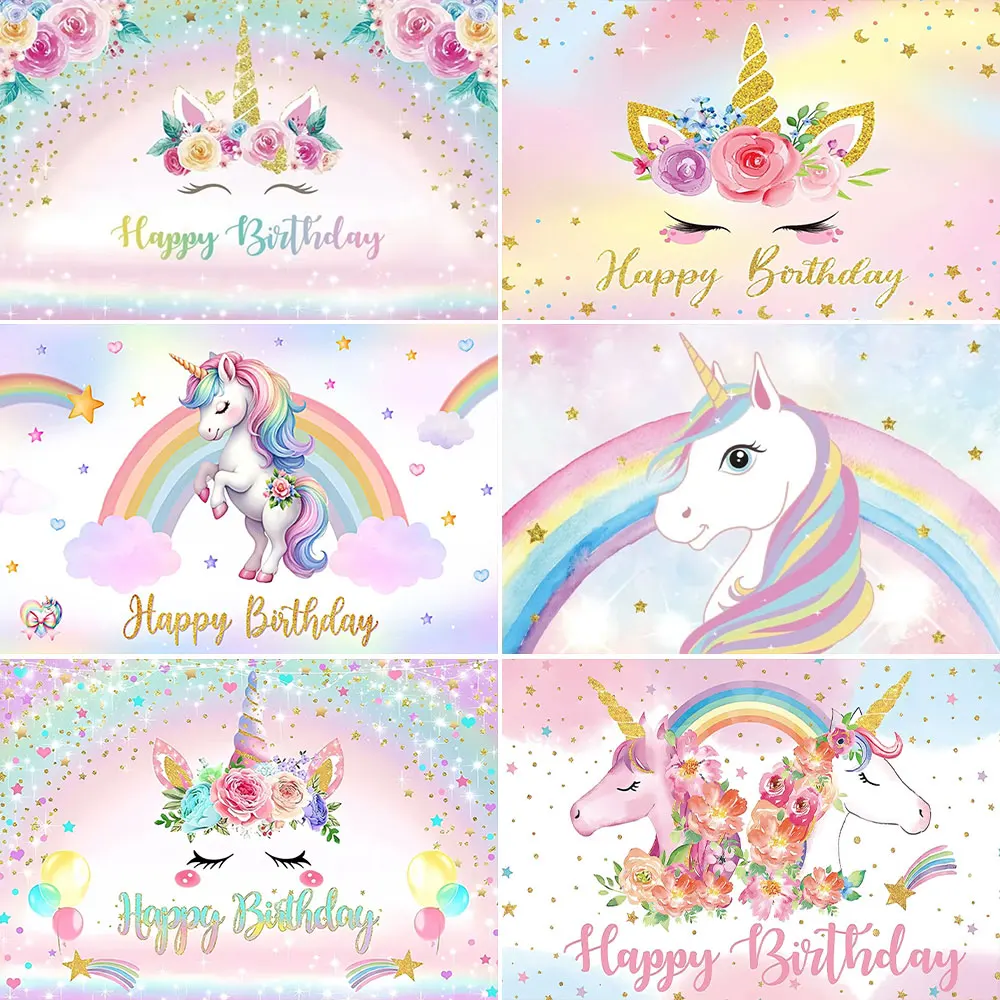 

Rainbow Unicorn Backdrop Party Decoration Banner Girl Children Gift Watercolor Floral Glitter Stars Photography Background Props
