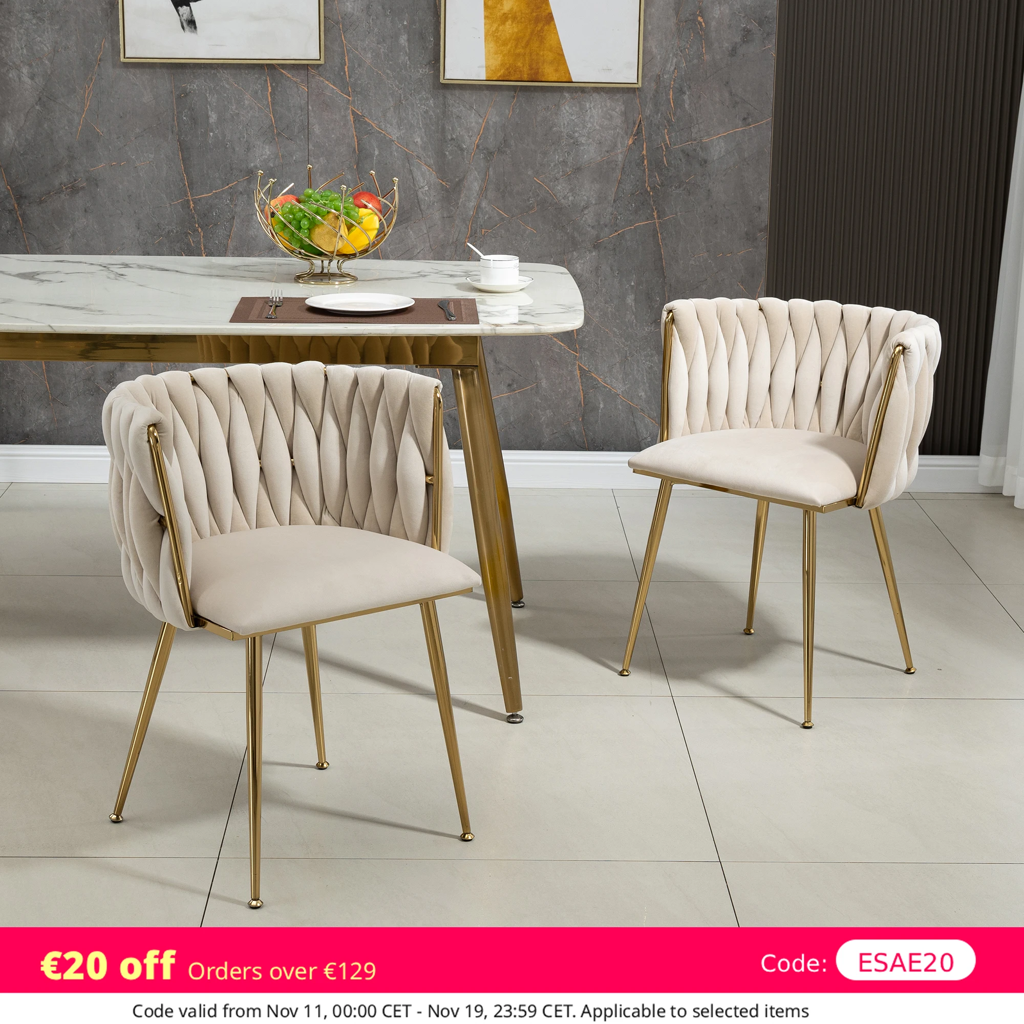 LVHOM Chaises de salle à manger modernes en velours (2 ensembles) avec pieds en métal doré, chaises design tissées à la main pour salle à manger et salon