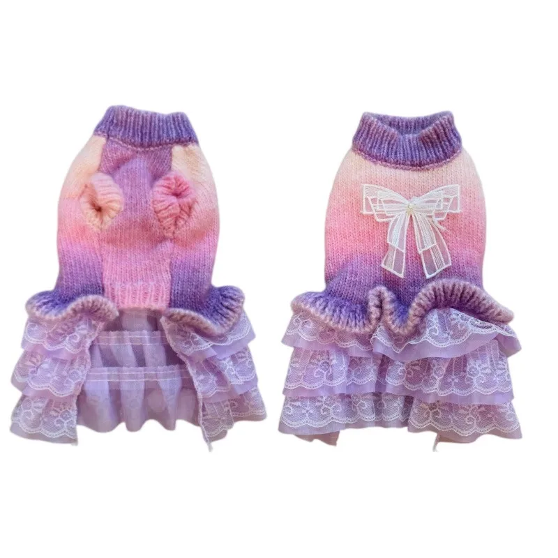 Pastel Gradient Knit Pet Princess Dress Ombre Rainbow Yarn Top Tiered Ruffled Lace Tulle Skirt Sheer Ribbon Bow Detail Warm