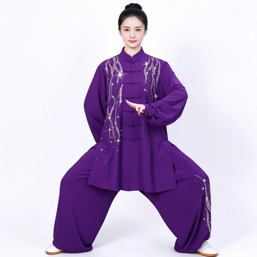 Adult Unisex Rhinestone Kung Fu Tai Chi Outfit Traditional Frog Buttons Loose Fit Martial Arts Performance Clothing