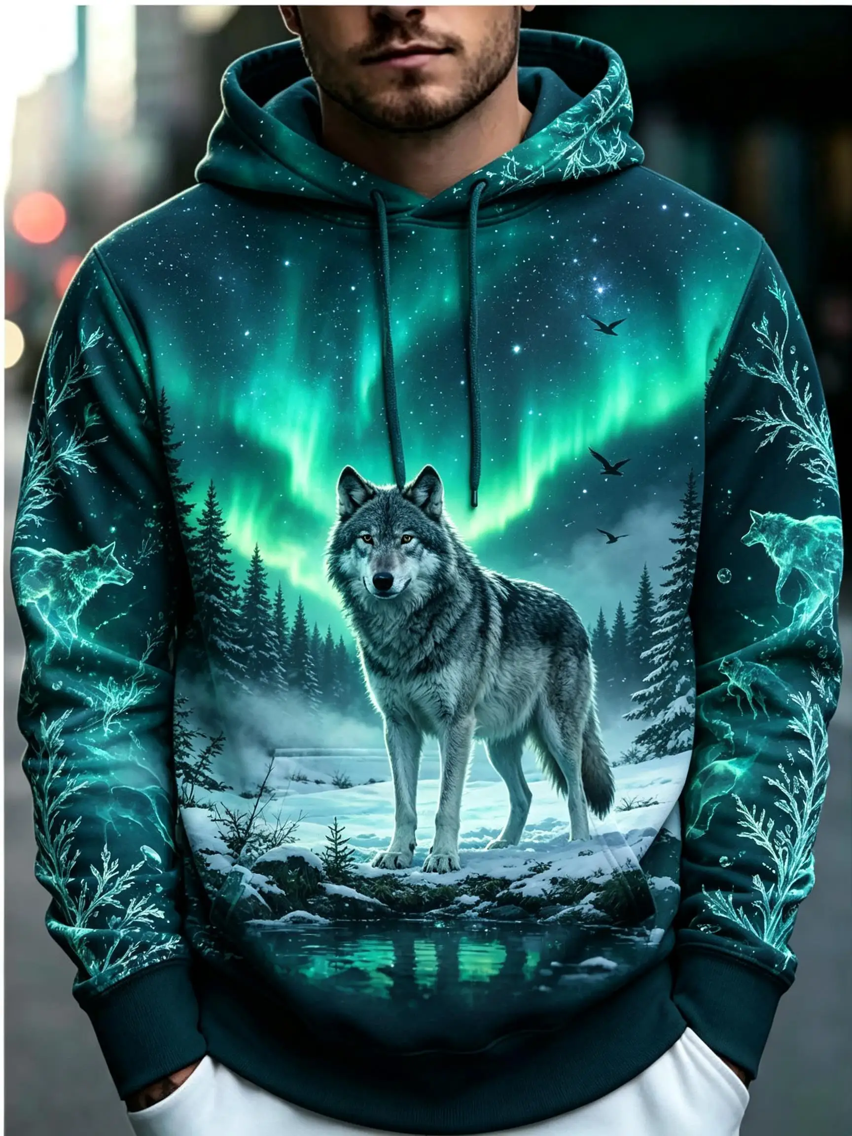 2026 Men's Hoodie Thin Autumn Winter Double Wolf Moon Graphic Print Long Sleeve Male Streetwear Sweatshirt Tops Clothes