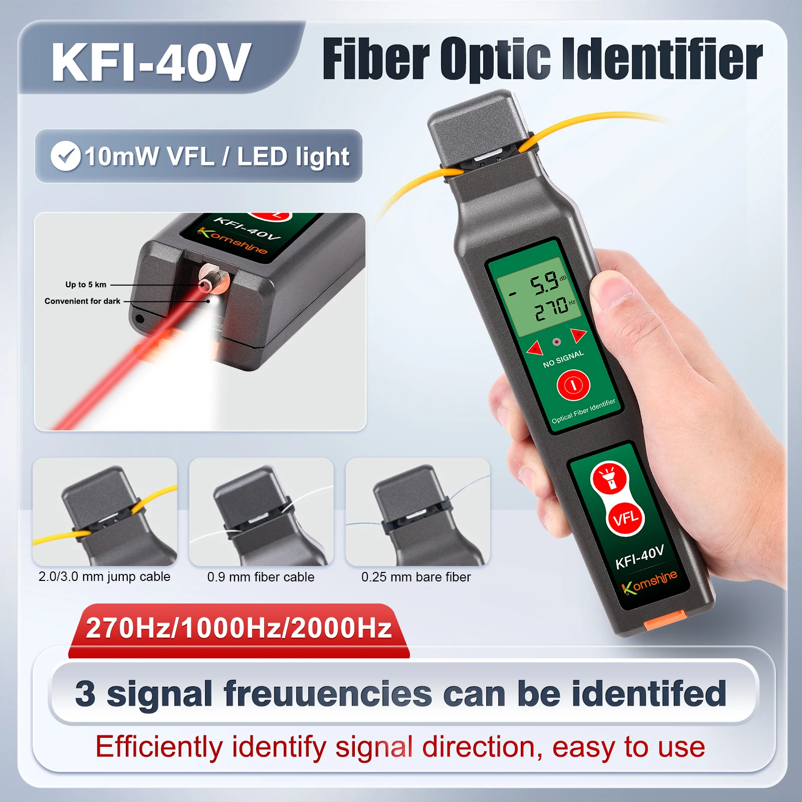 Identificador de Fibra Komshine KFI-40V, Detector Activo de Fibra FTTH, Identificador de Fibra Óptica con VFL de 10mw y Luz LED Integrados
