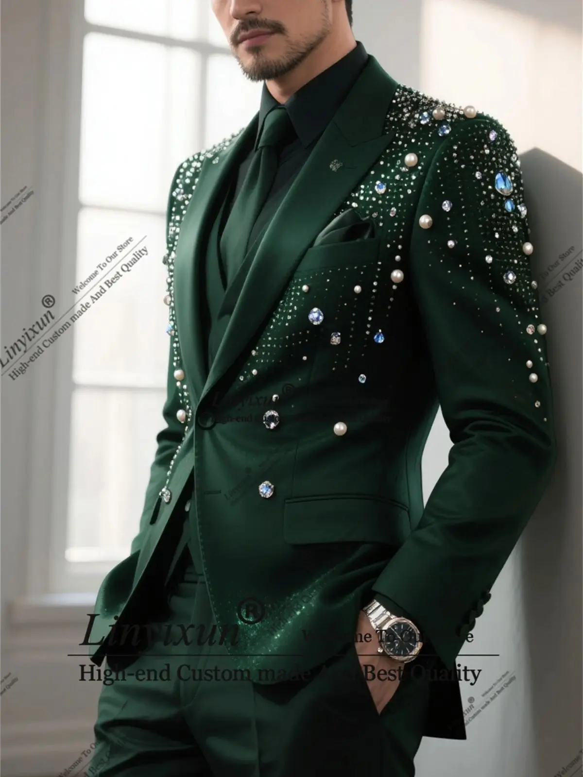 

Handsome Diamond Men Suits Customized Beaded Prom Blazers 3 Pieces Sets Formal Party Groom Wedding Tuxedo terno masculino