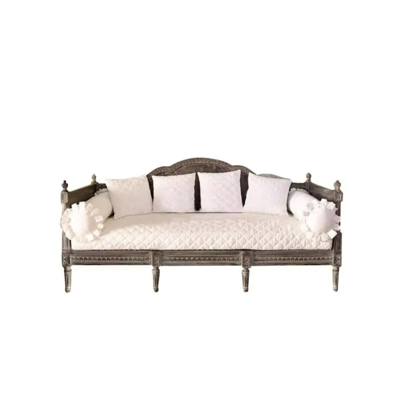 

French simple solid wood carving flower sofa, small apartment living room combination furniture American retro old three-person