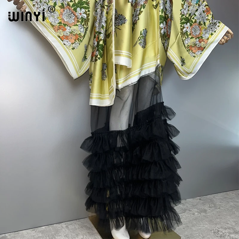WINYI Catwalk Kimono Damen Bedruckter Blasensaummantel Langarm Strickjacke Abaya Dubai Luxus Beachwear Cover Up Boho Kleid Kaftan