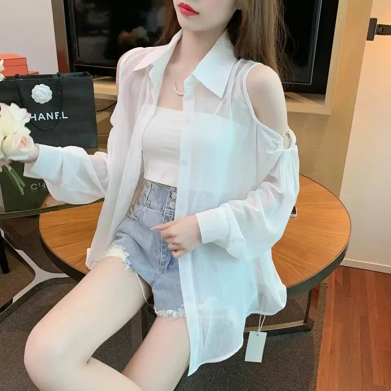 2023 Women New Off Shoulder Cardigan White Chiffon Shirt Female Summer fashion Design Feeling Small and Thin Sun Protection Coat