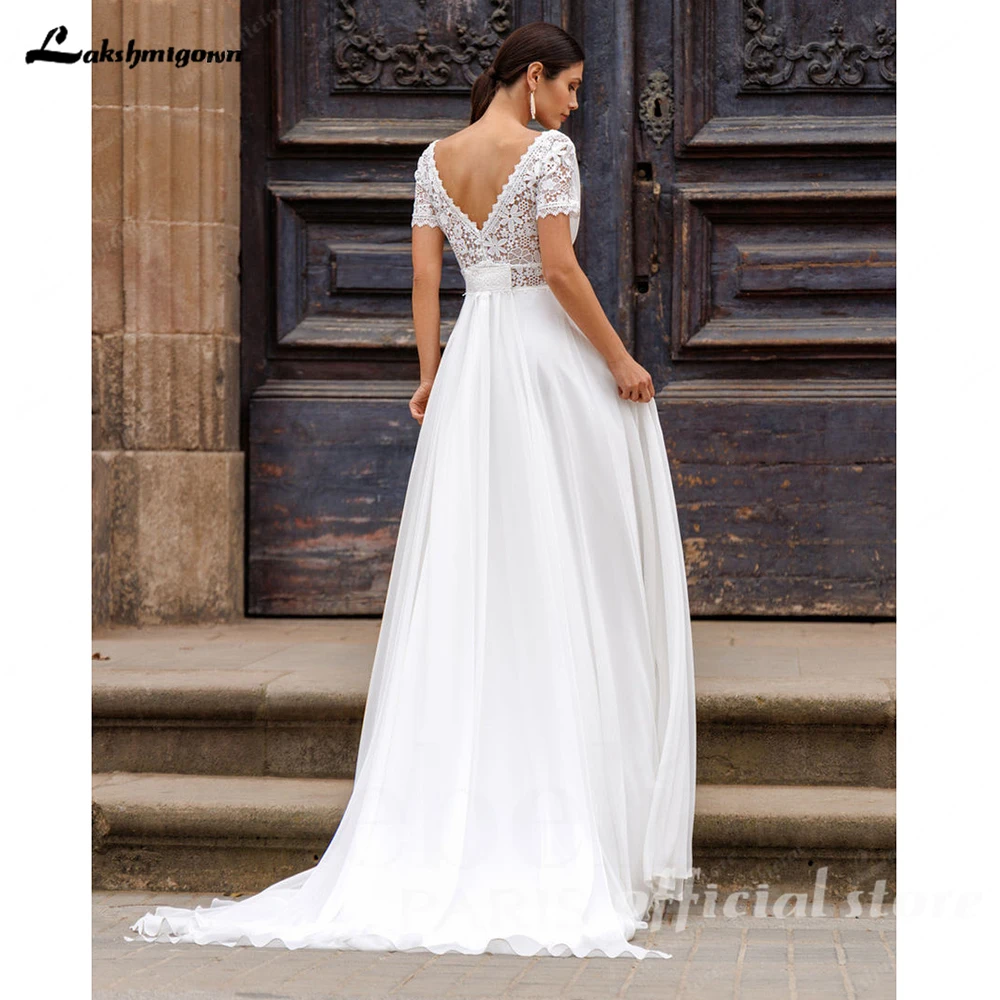 Lakshmigown Bohemian A-Linie Hochzeitskleider Chiffon Brautkleider Brautrobe Applikationen Kurze Ärmel Vestidos De N Maßanfertigung – Detail 6