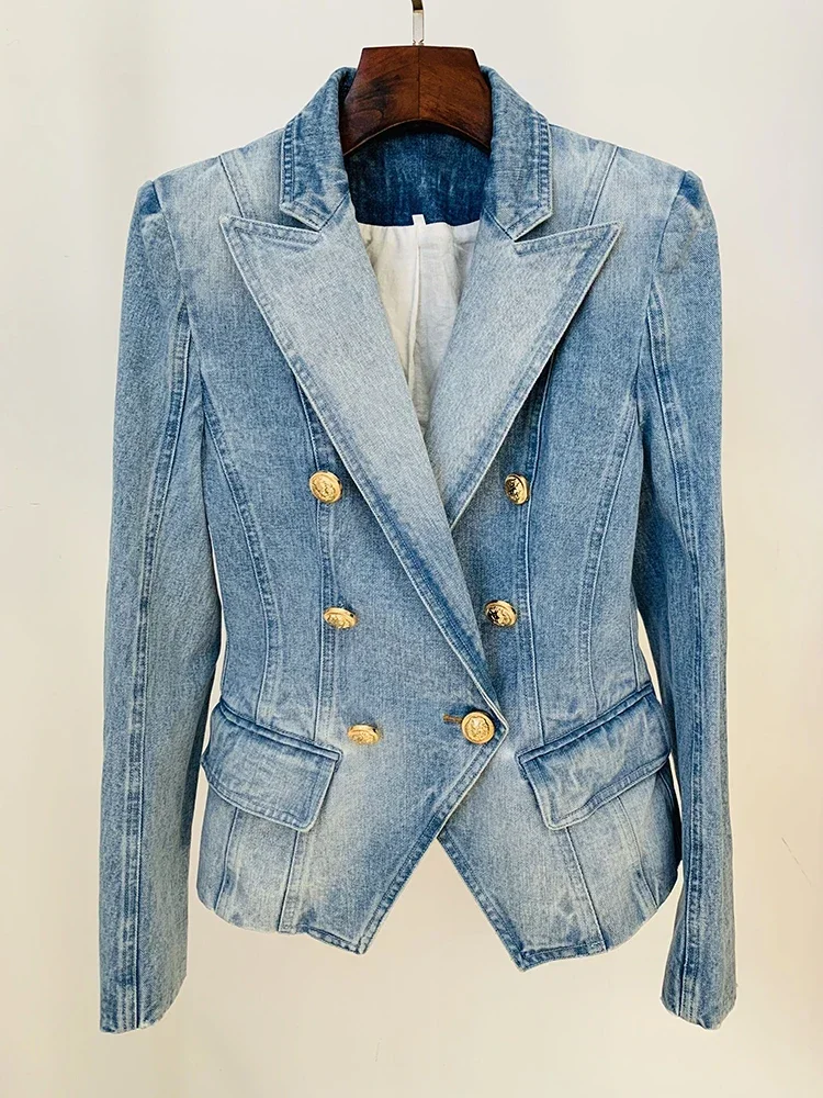 

HIGH STREET Newest 2023 Designer Jacket Women's Slim Fitting Double Breasted Lion Buttons Denim Blazer