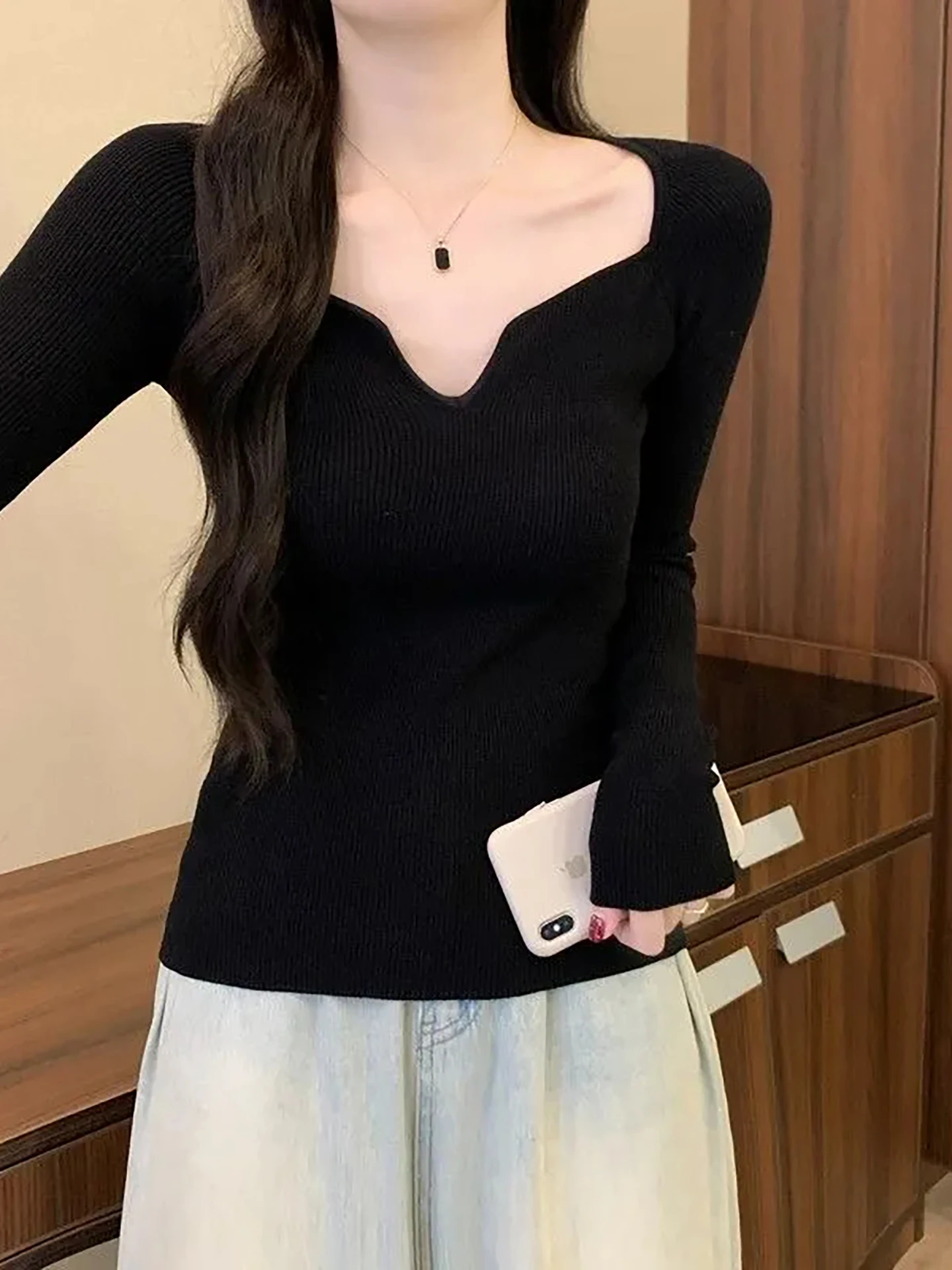 

Сексуальный вязаный свитер для женщин, облегающий, с завышенной талией, подчеркивающий фигуру, модный повседневный длинный топ