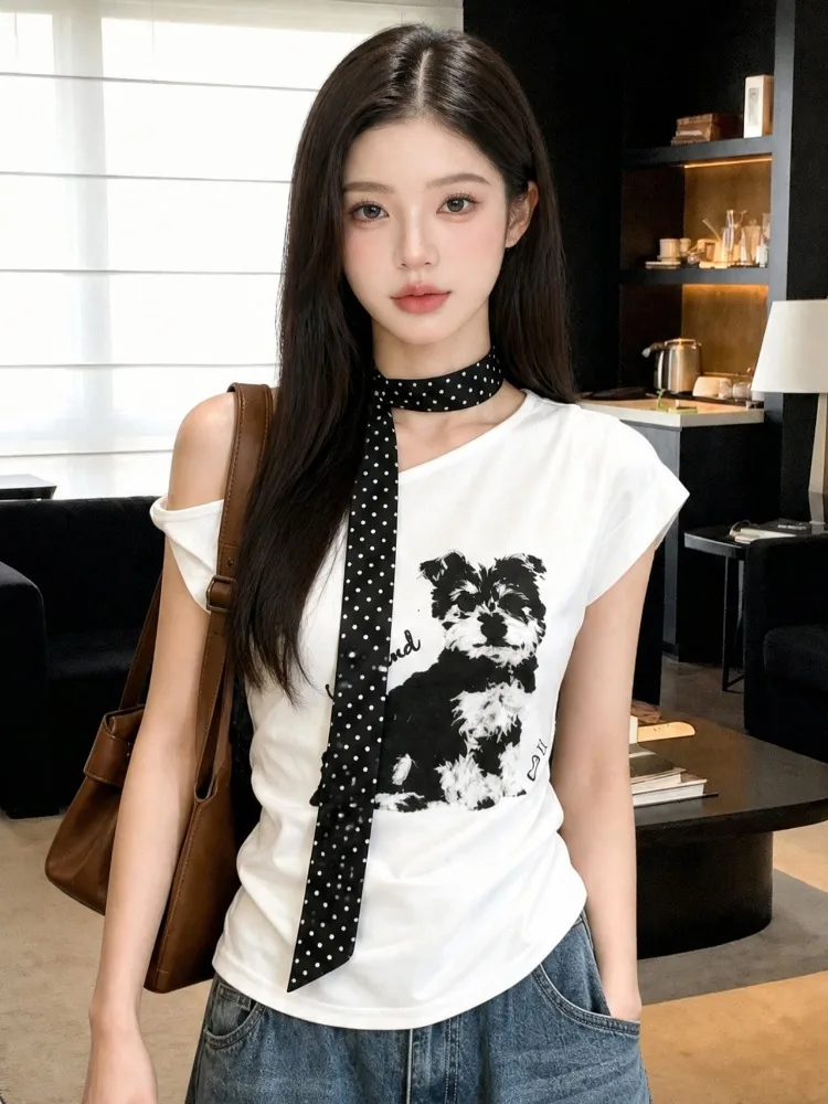 

Korean Style Slim Fit Short Sleeve T-Shirt Women's Summer New Shoulder Baring Print Flying Sleeve Hot Girl Short Top