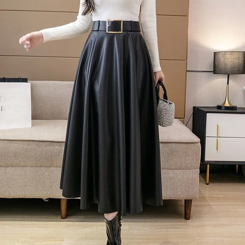 Women Vintage Solid Pu Leather Pleated Elegant Belt Midi Skirt Autumn Winter Fashion High Waist Large Swing A Line Skirts Faldas