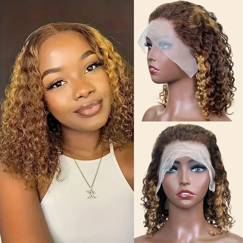 

4/27 Highlight Bob Wigs Water Wave Lace Front Wig Brazilian Blonde Brown Transparent 13x4 Lace Frontal Human Hair Wigs For Women