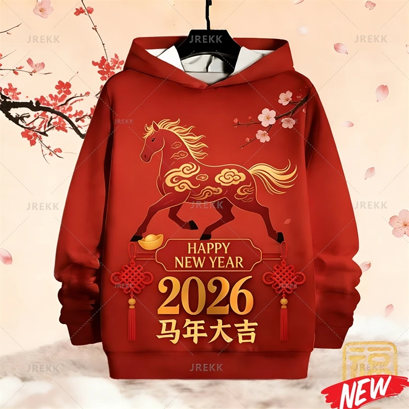2026 الحصان العام هوديي الرجال رائجة البيع اللون الأحمر الحيوان الحصان نمط كم طويل البلوز القمم سنة جديدة سعيدة البلوز هوديس #5