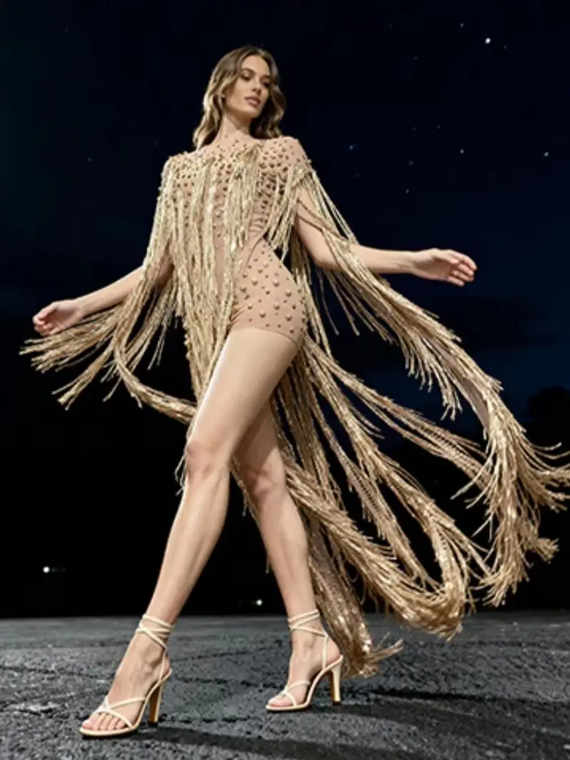 

Женское сексуальное дизайнерское мини-платье с пайетками и бахромой, серебристо-золотое, блестящее, для выступлений, сценическое, для танцовщиц, для ночных клубов и вечеринок