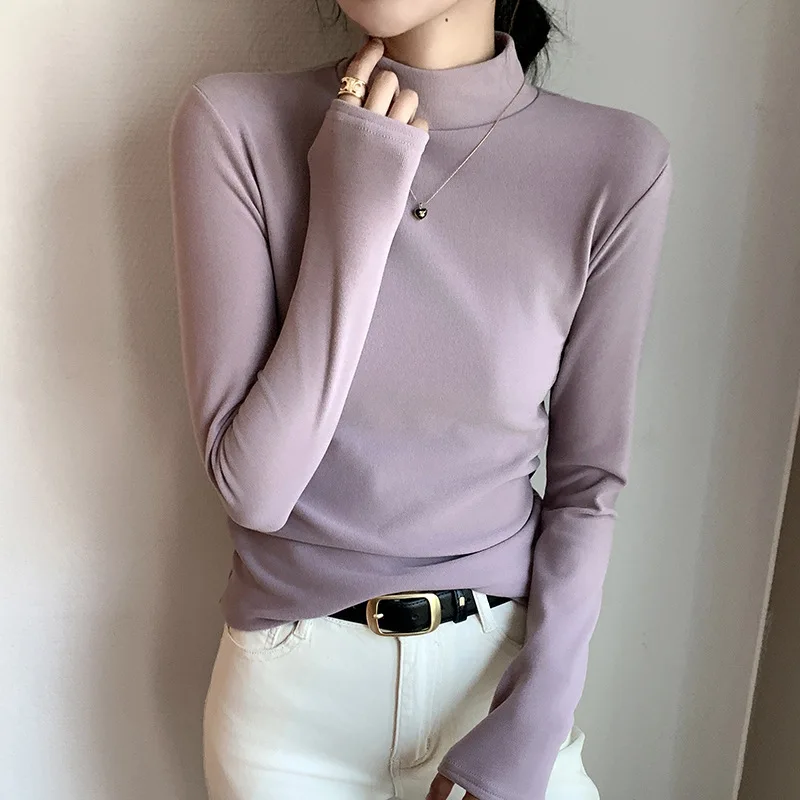 Half Turtleneck Long Sleeve Add Velvet Thick Bottoming Shirts Lady Solid Color Pullover Tops EZFZC-H319