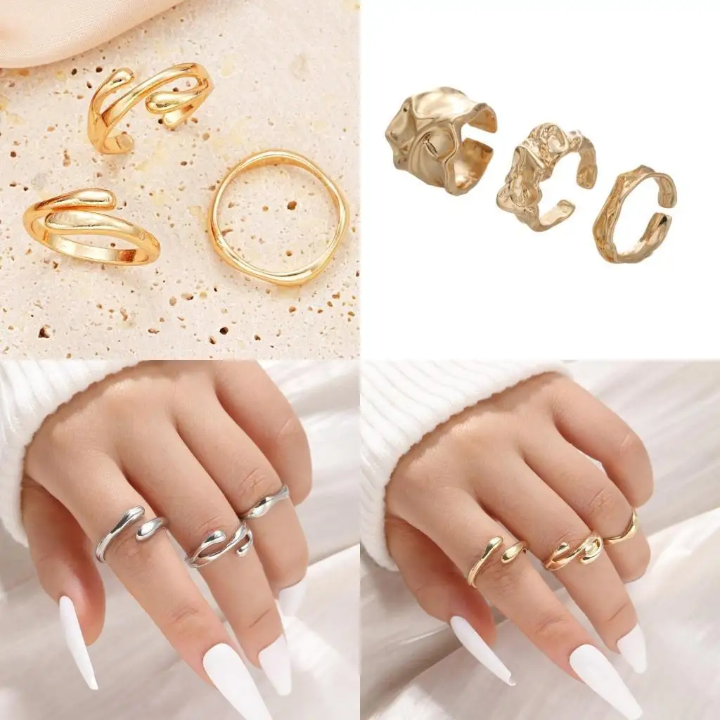 P9FE Multipurpose Minimalist Irregular Texture Rings Set 3 Pieces Modern Fashion Jewelry Accessory for Trendsetters