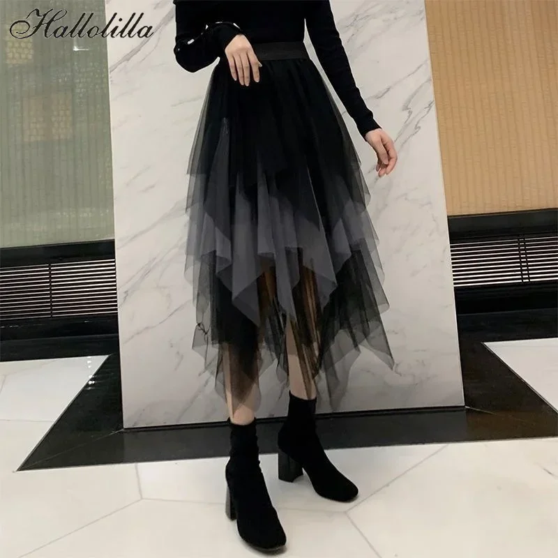 

Summer Casual Tutu Women Skirt Harajuku Jupe Femme Tulle Bottom Faldas Fashion Midi Mesh High Waist Skirts Woman Clothes Saia