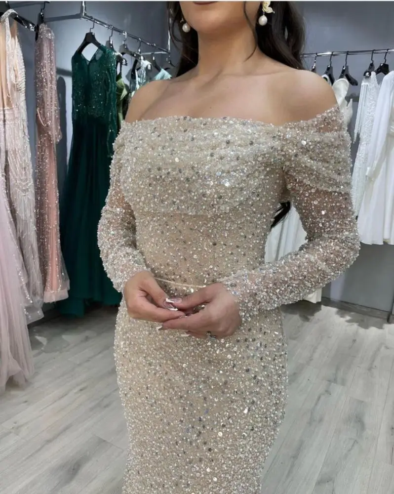 高級ビーズ長袖ウェディングドレスボートネックオフショルダーパールスパンコールマーメイドウエディングドレスブライダルドレスカスタマイズ