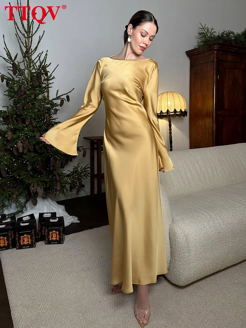 

TTQV Fashion Slim Gold Satin Women Dress 2026 Bodycon O-Neck Long Sleeve Ankle Length Dresses Elegant Classic Solid Female Dress