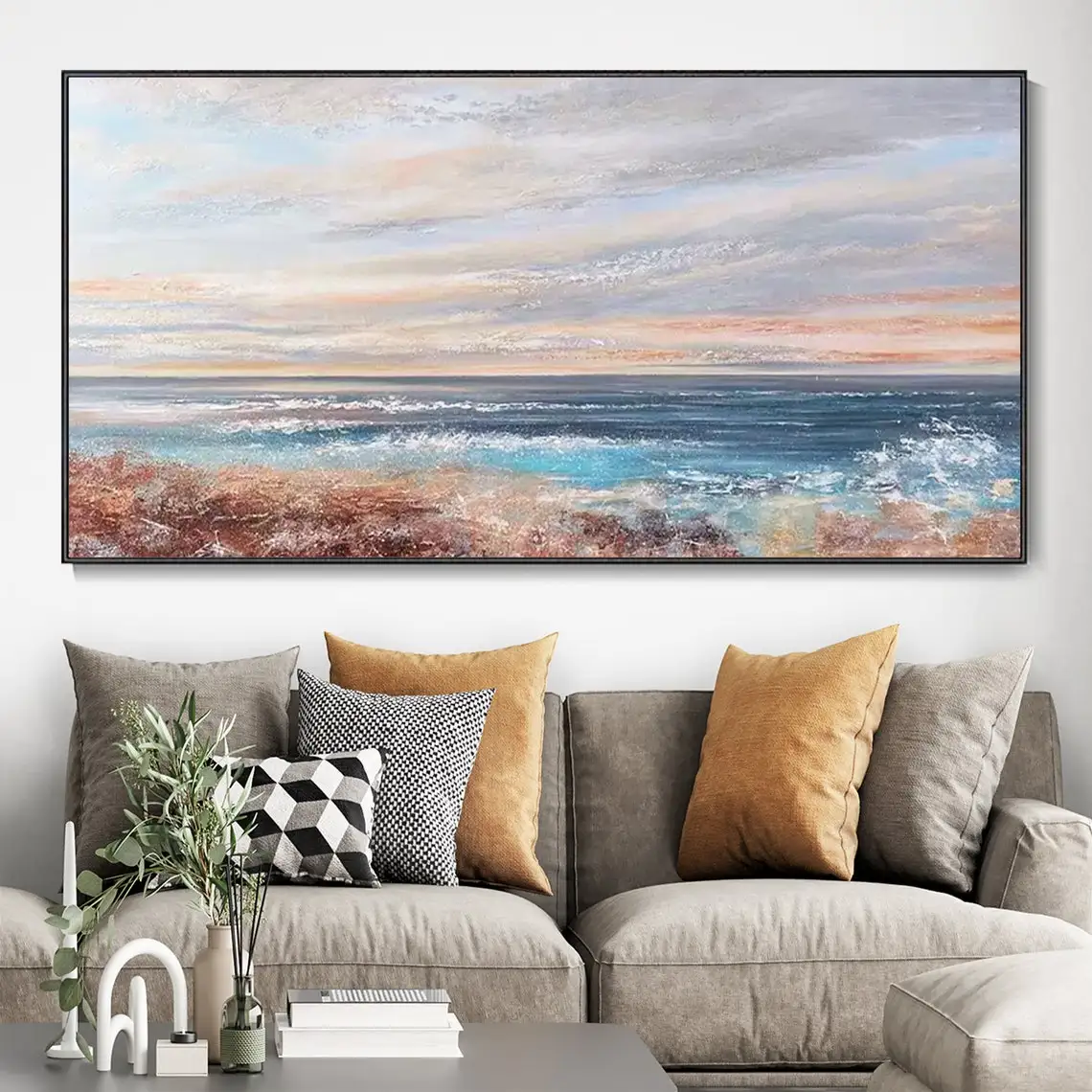 

Large Blue Sea Canvas Home Decor Modern White Sea Wave Scenery Texture Hand Painted Oil Painting Sunny Beach Seascape Wall Art