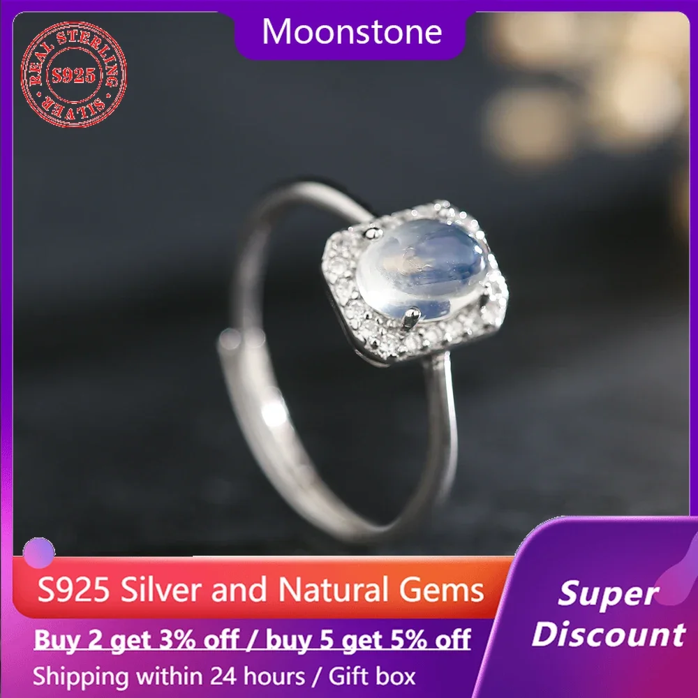 

S925 pure silver gemstone ring paired with natural moonstone crystal women's ring, a sweet and romantic wedding jewelry gift