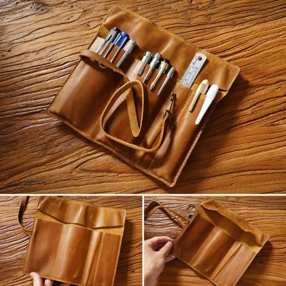Cowhide Leather Pen Bag Multi-Compartment Retro Pencil Roll Bag Roll-Up Tie Rope Vintage Cowhide Pencil Case Literary Style