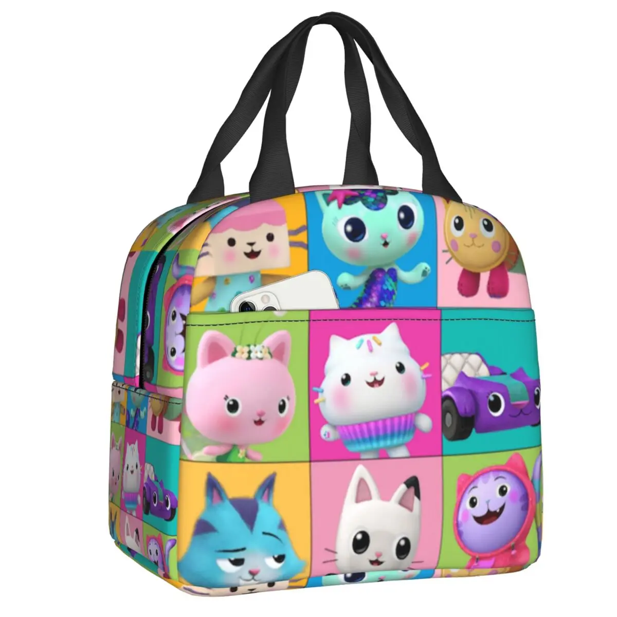 Custom Gabbys Dollhouse Portable Lunch Box Women Waterproof Cartoon Kitten Cats Thermal Cooler Food Insulated Lunch Bag