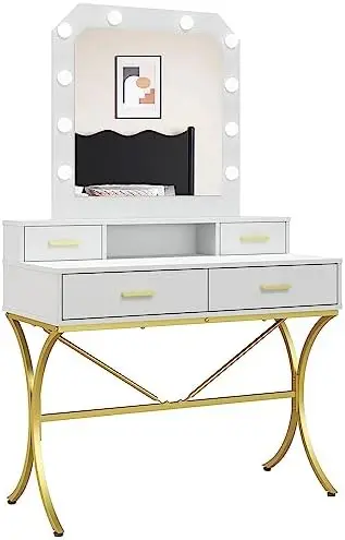 

Vanity Table with Lighted Mirror, Modern Makeup Vanity Table with 10 Lights Makeup Desk 4 Drawer Storage Dressing Table for Bedr