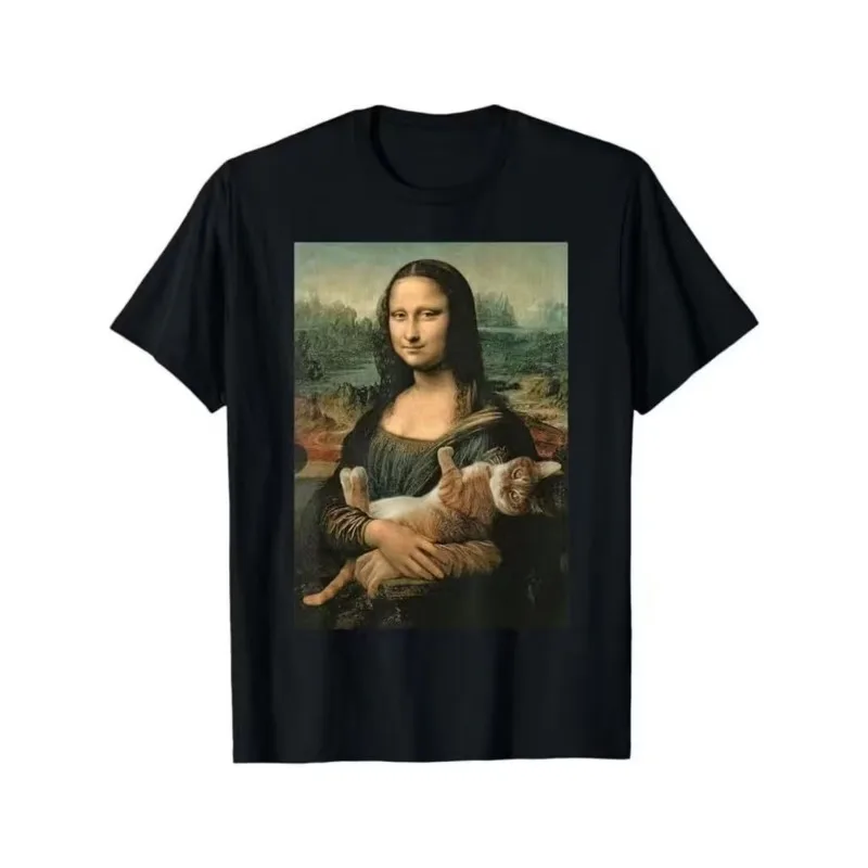 Funny Mona Lisa with Orange Cat Funny Art Painting Meme Men T Shirt Tee Women Cotton Summer Oversized Novelty Ironic Humor Tops
