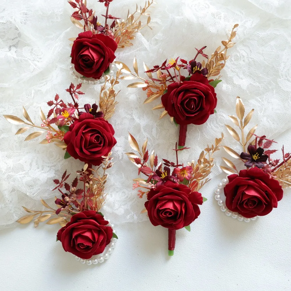 

Crimson Wrist Corsage and Boutonniere Flower On Wrist for Bride Bridesmaid Wedding Boutonniere for Men Groom Groomsman Wedding