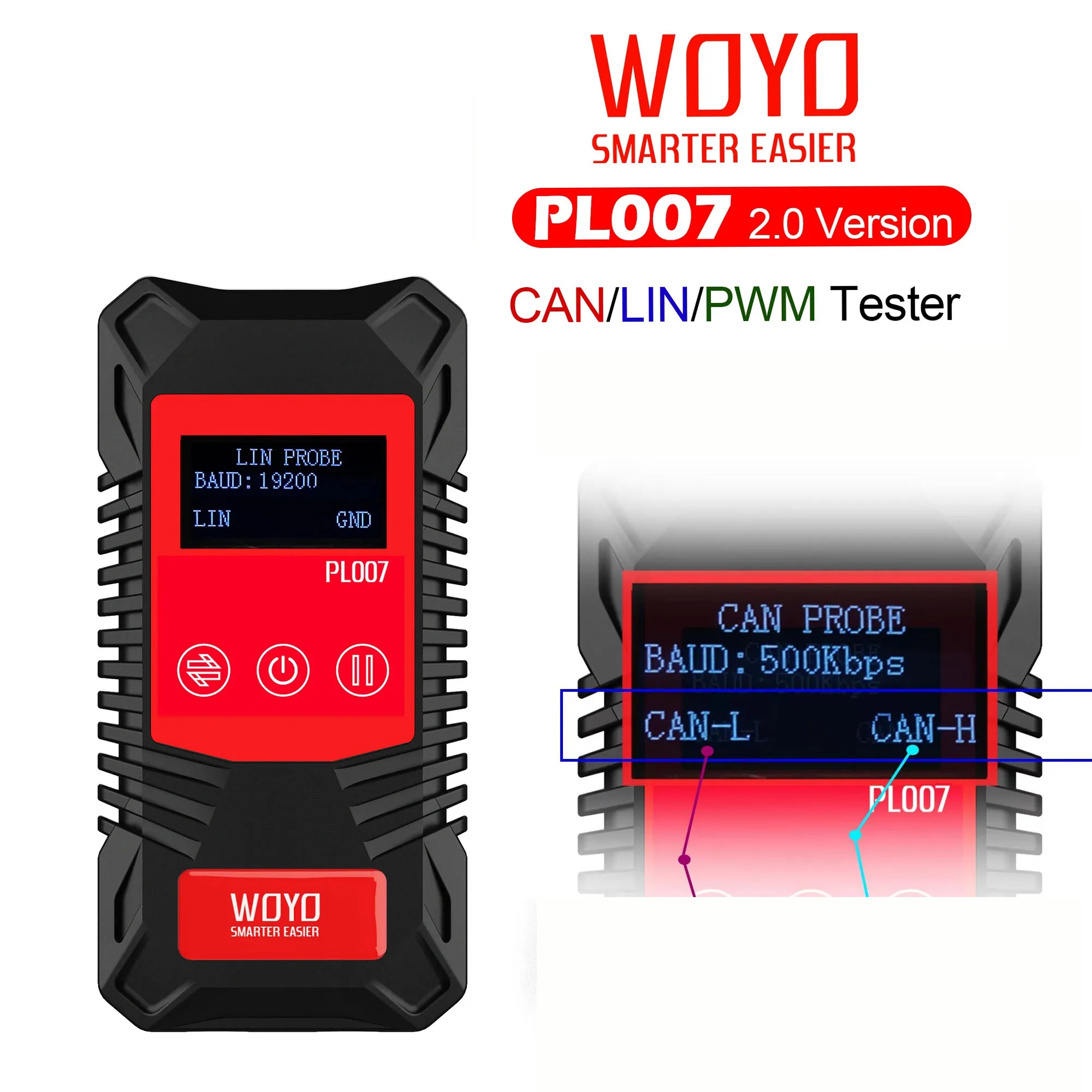 WOYO PL007 2.0 Version CAN LIN PWM Tester Read Baud Rate Auto-recognize CAN-H & CAN-L Automotive Diagnostic Tool