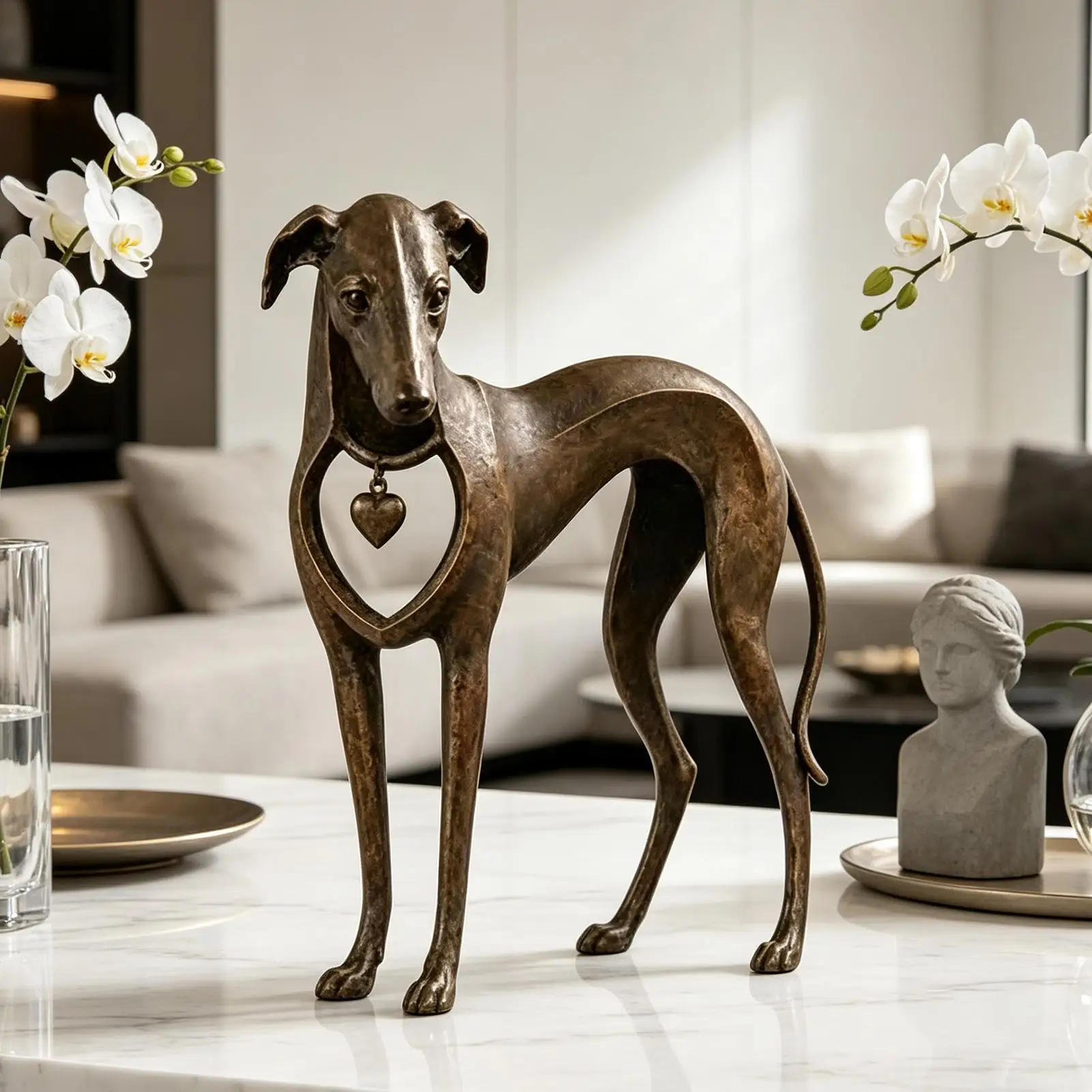 Sighthound Figurine with Heart Vintage Resin Dog Statue Decor Rustic Greyhound Desk Ornament for Home Apartment Indoor Study