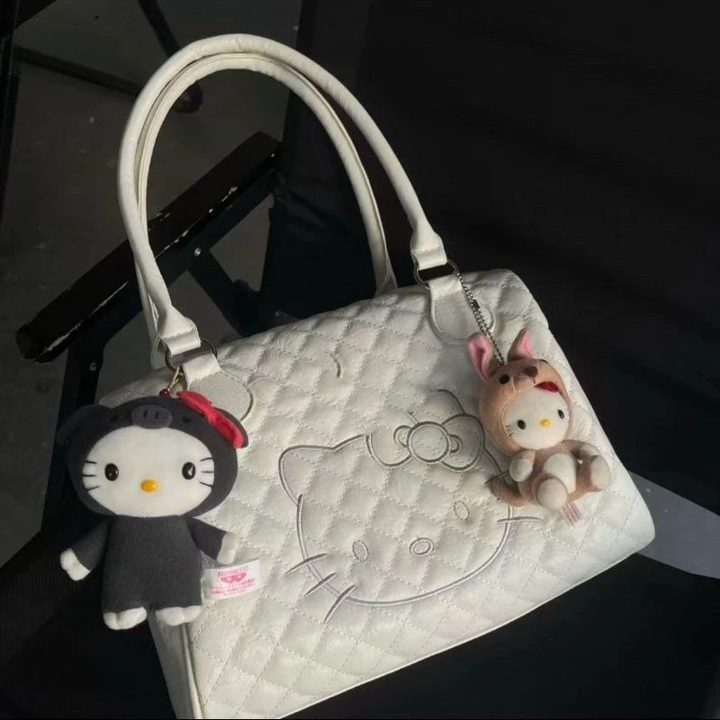 

sanrio HelloKitty tote bag cartoon cute white Boston bag kawaii girls soft leather one-shoulder handbag women's pillow bag