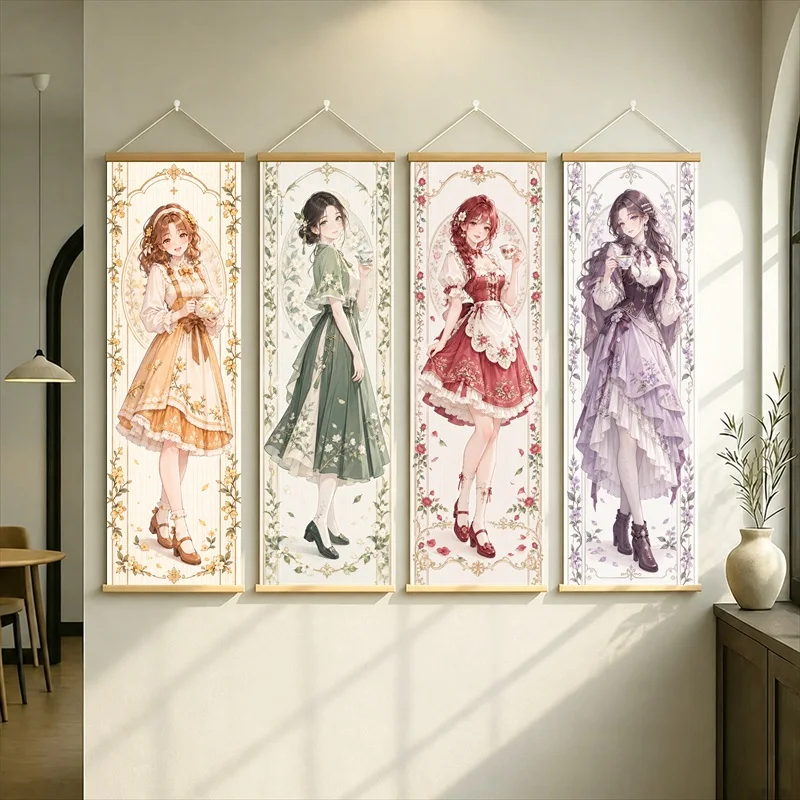 Anime Women in Gold, Green, Red and Lavender Dresses Hanging Scroll with Elegant Floral Illustration for a Quiet Bedroom