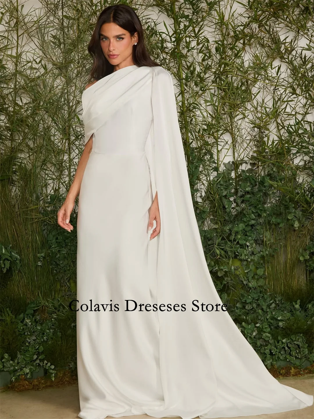 Fanan Customized One-Shoulder Silk Satin Zipper Wedding Dress with Sweep Train Mermaid Bridal Gown With Pockets Chapel Train